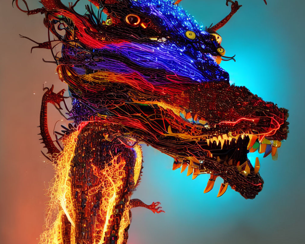 Colorful Wire Dragon Sculpture: Cool Blue to Warm Orange Transition