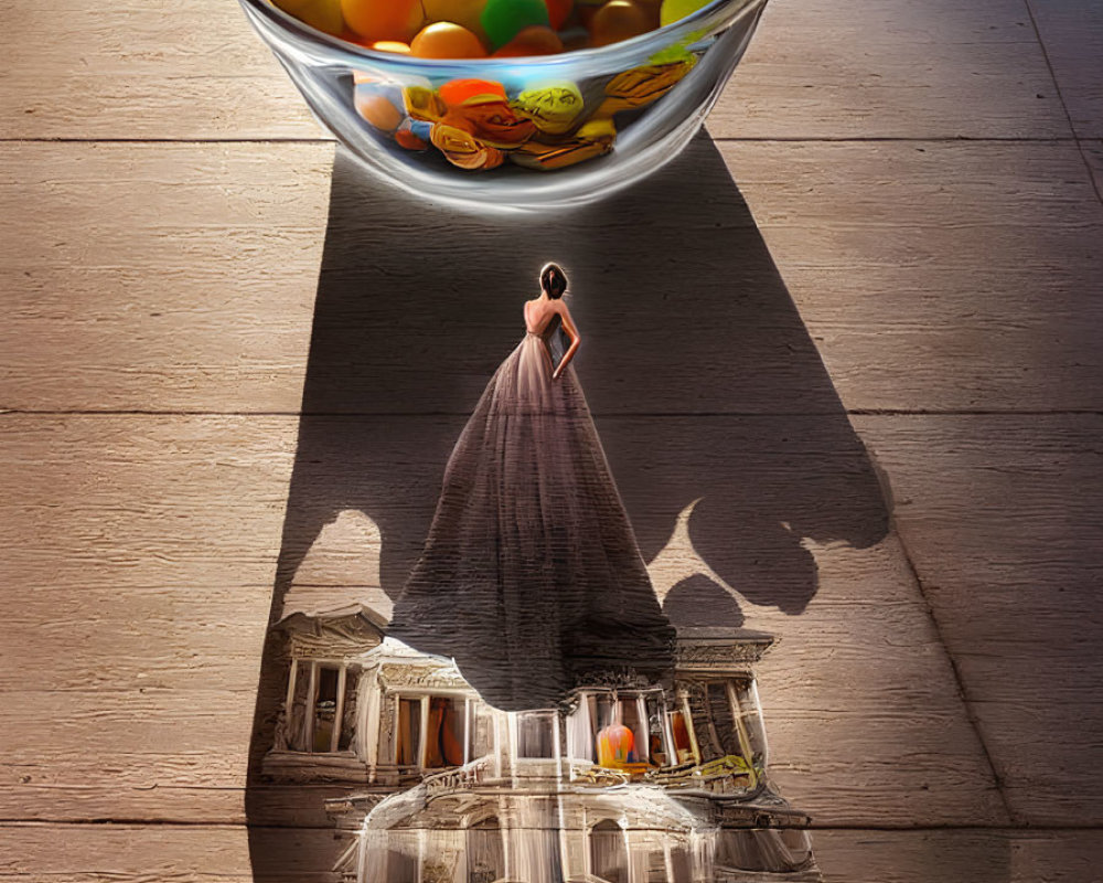 Surreal image of woman casting long shadow in cityscape with colorful balls