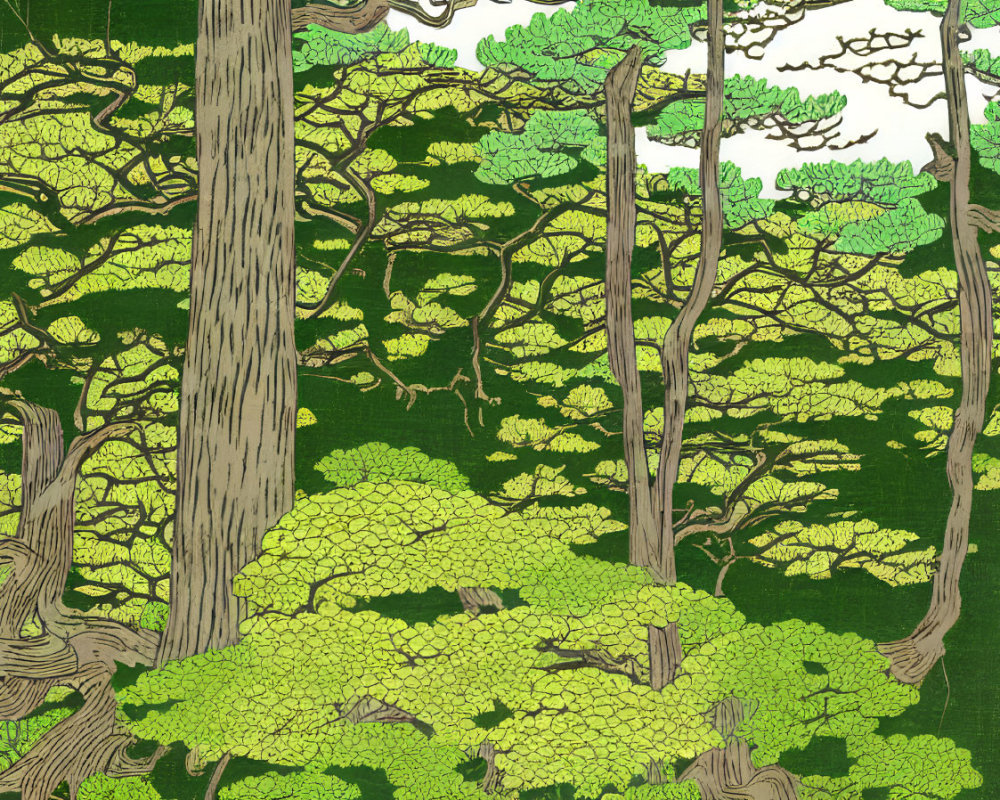 Stylized forest with intricate green canopies and detailed trunks