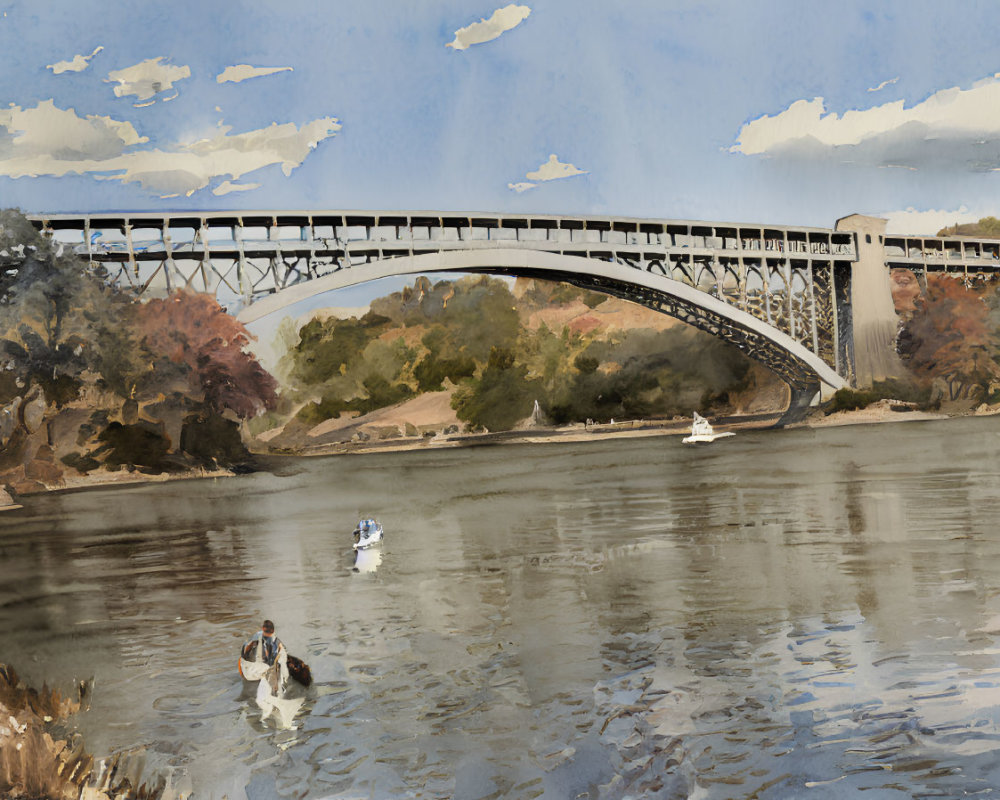 Scenic watercolor painting of bridge over calm river and autumn trees