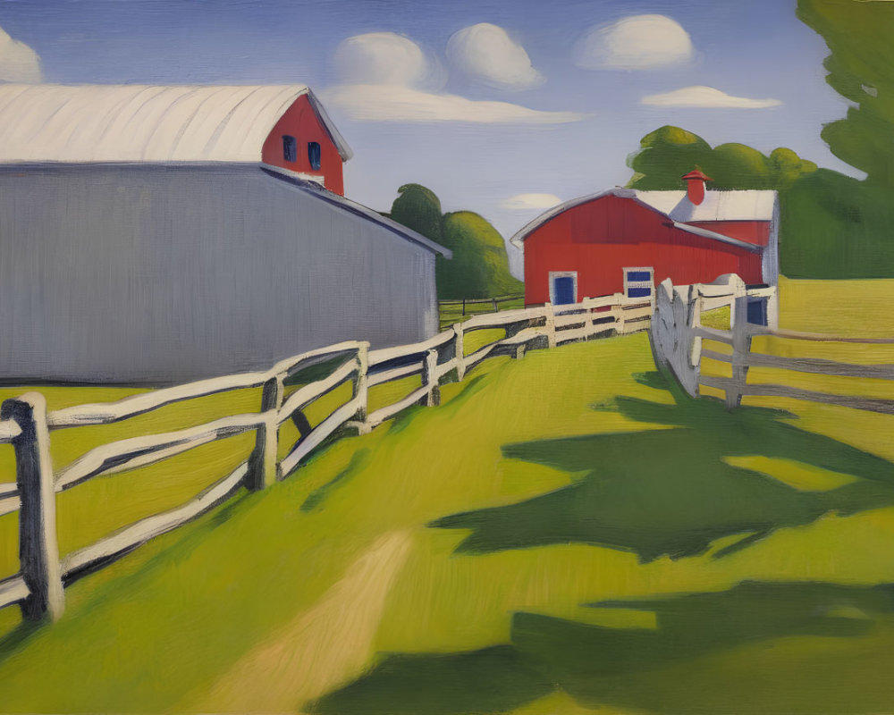 Rural painting featuring red barn, silver silo, green fields