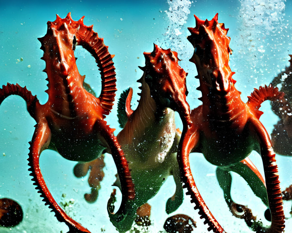 Vibrant underwater scene: Three red seahorses and bubbles on blue backdrop