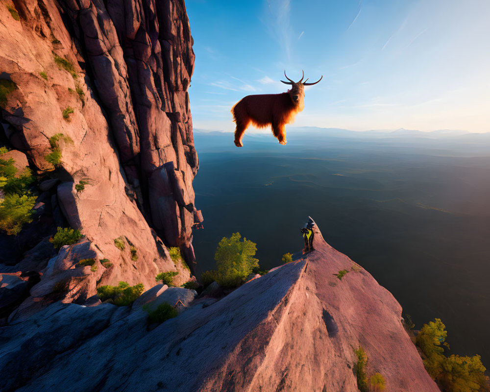 Floating goat with large antlers near cliff observed by person under blue sky