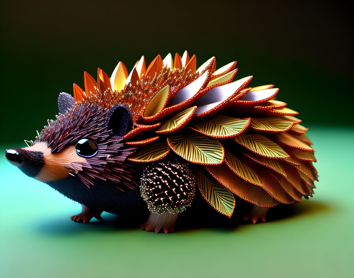 Stylized hedgehog with vibrant leaf-like spines on warm gradient background