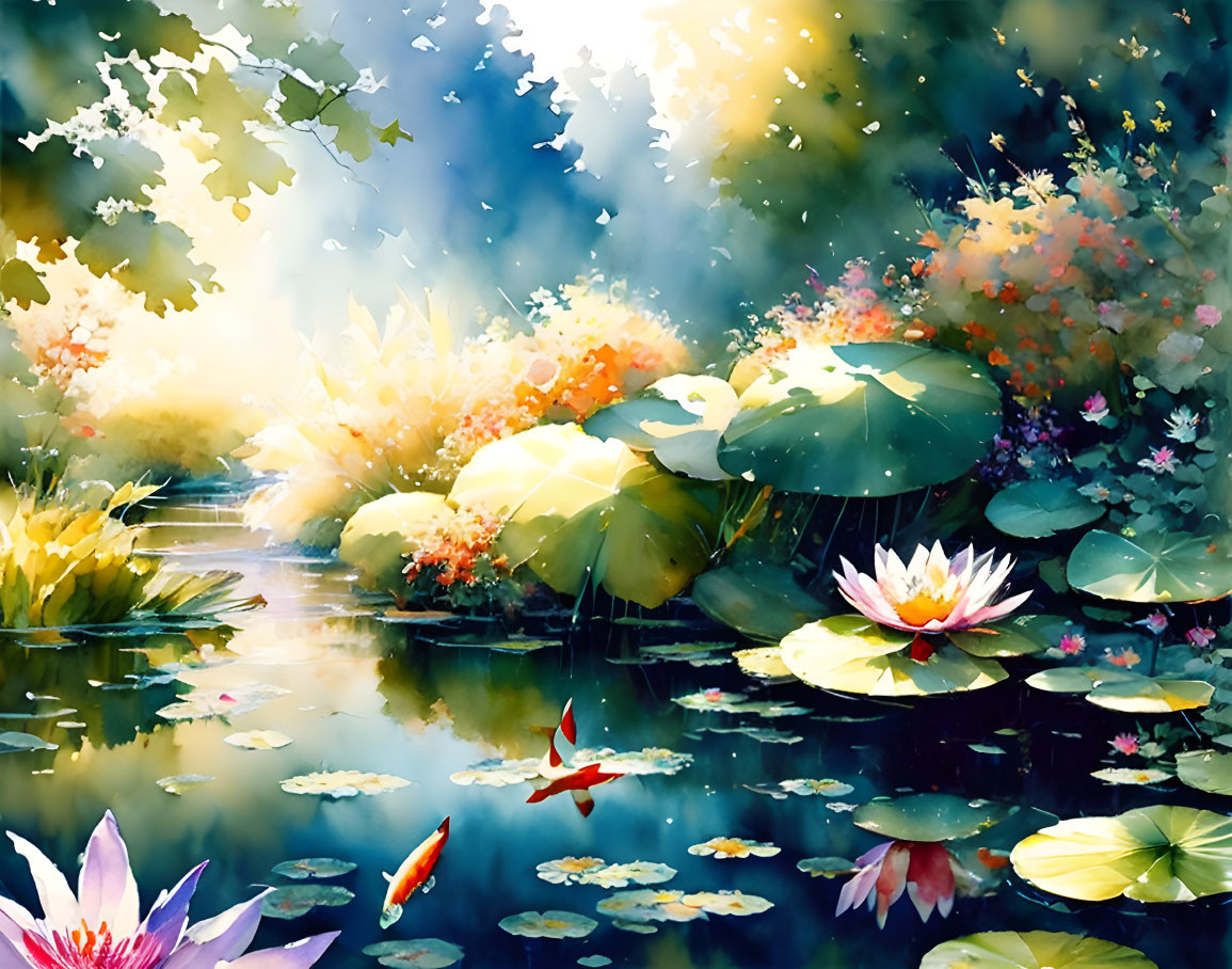 Tranquil pond painting with lotus flowers, koi fish, and lush flora