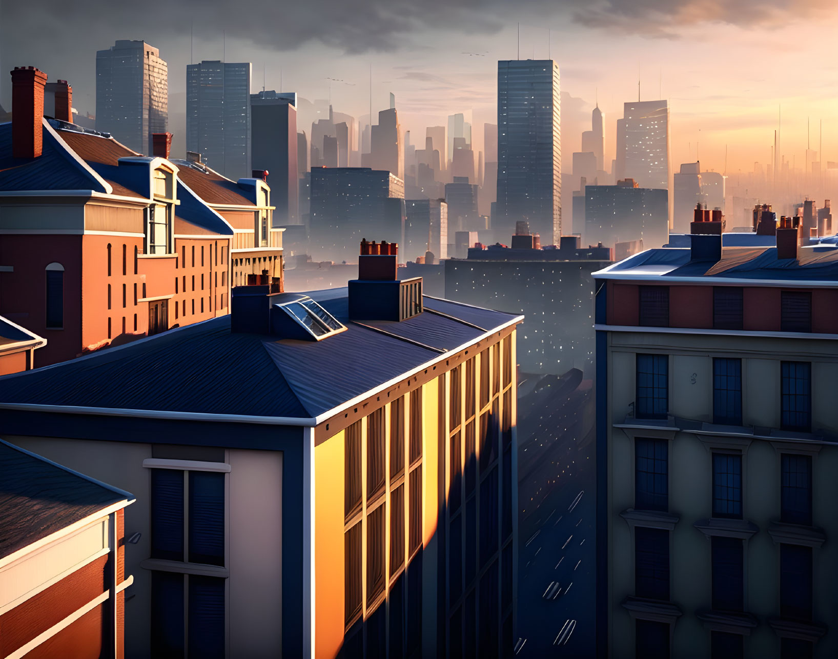 Urban sunrise scene: golden light on city buildings, warm to cool sky tones