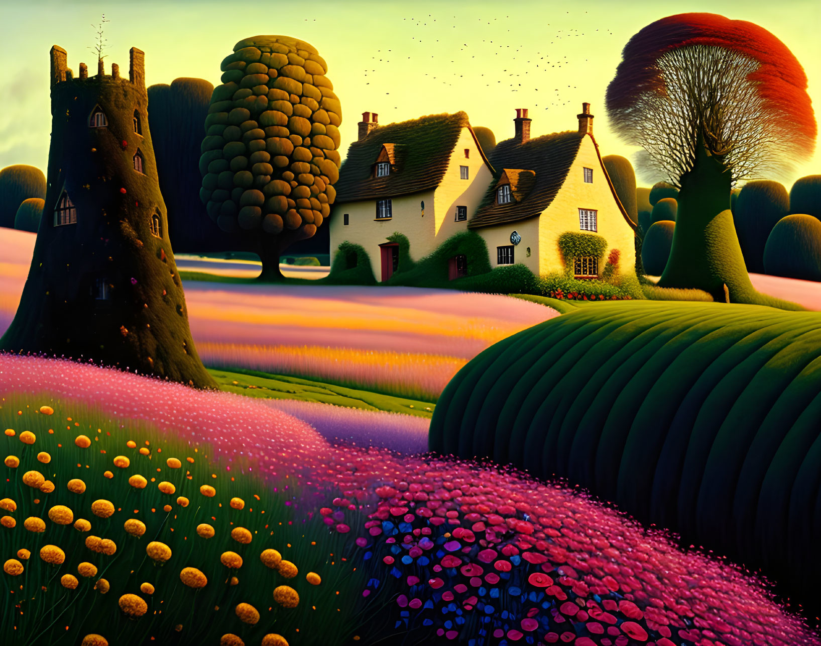 Whimsical landscape with vibrant fields, colorful flora, unique trees, quaint houses, and magical sunset