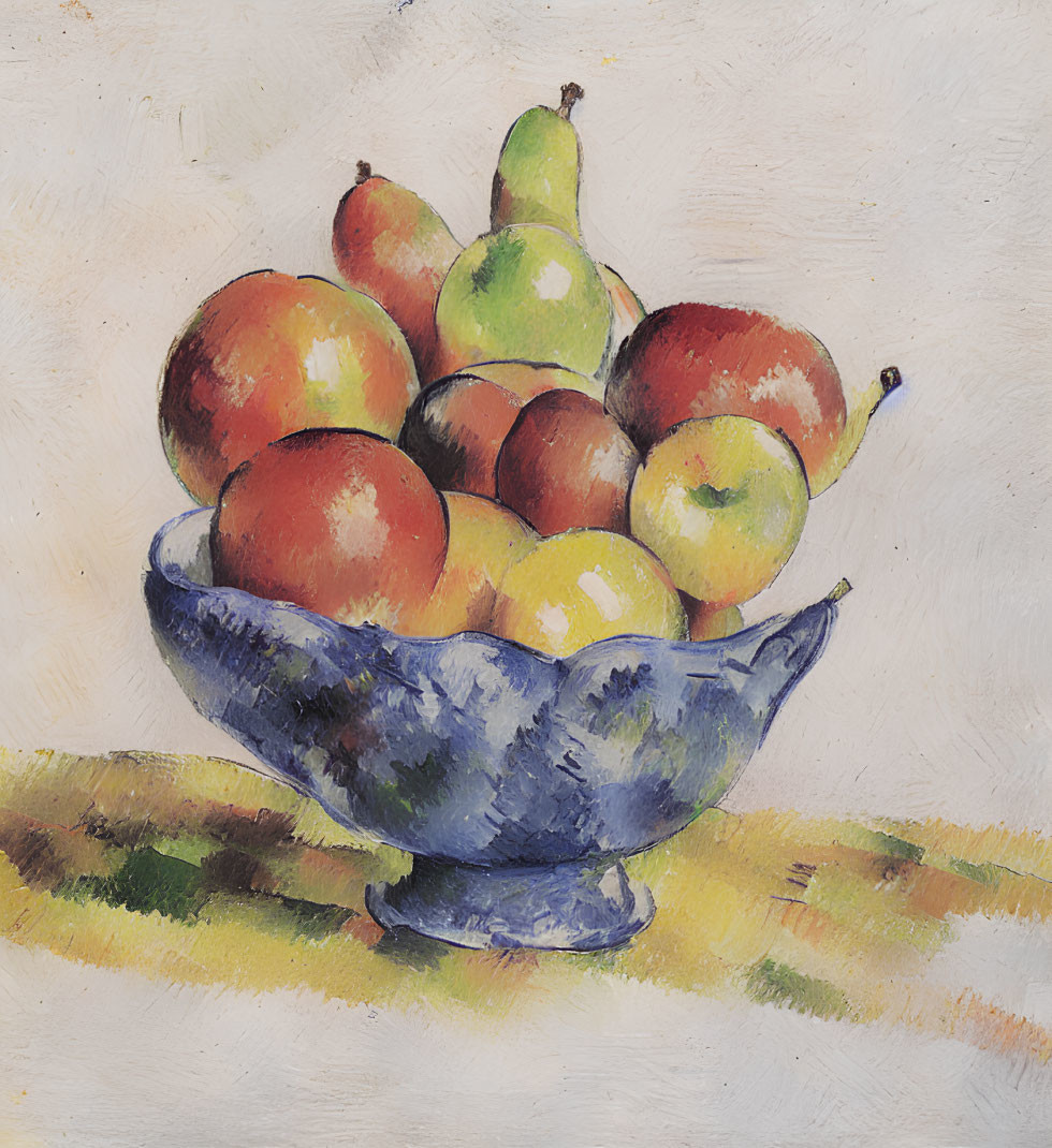 Still life painting of bowl with assorted fruits on creamy background