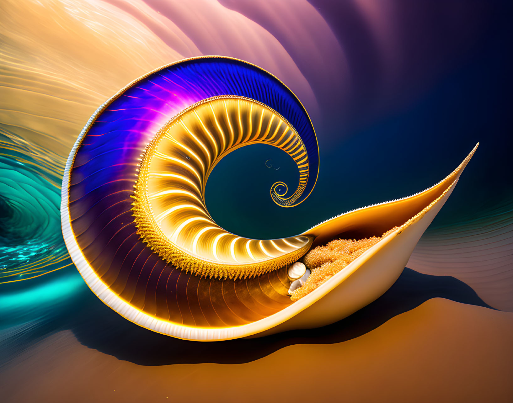 Golden nautilus shell digital art on colorful abstract background