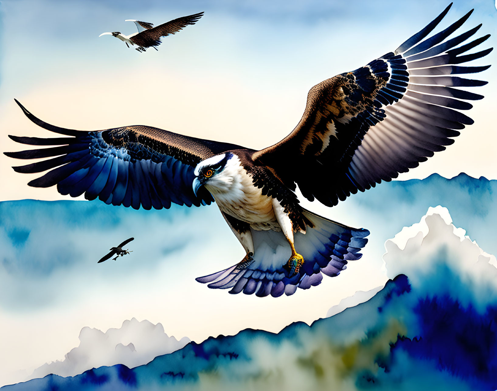 Majestic osprey soaring in blue skies with mountain backdrop