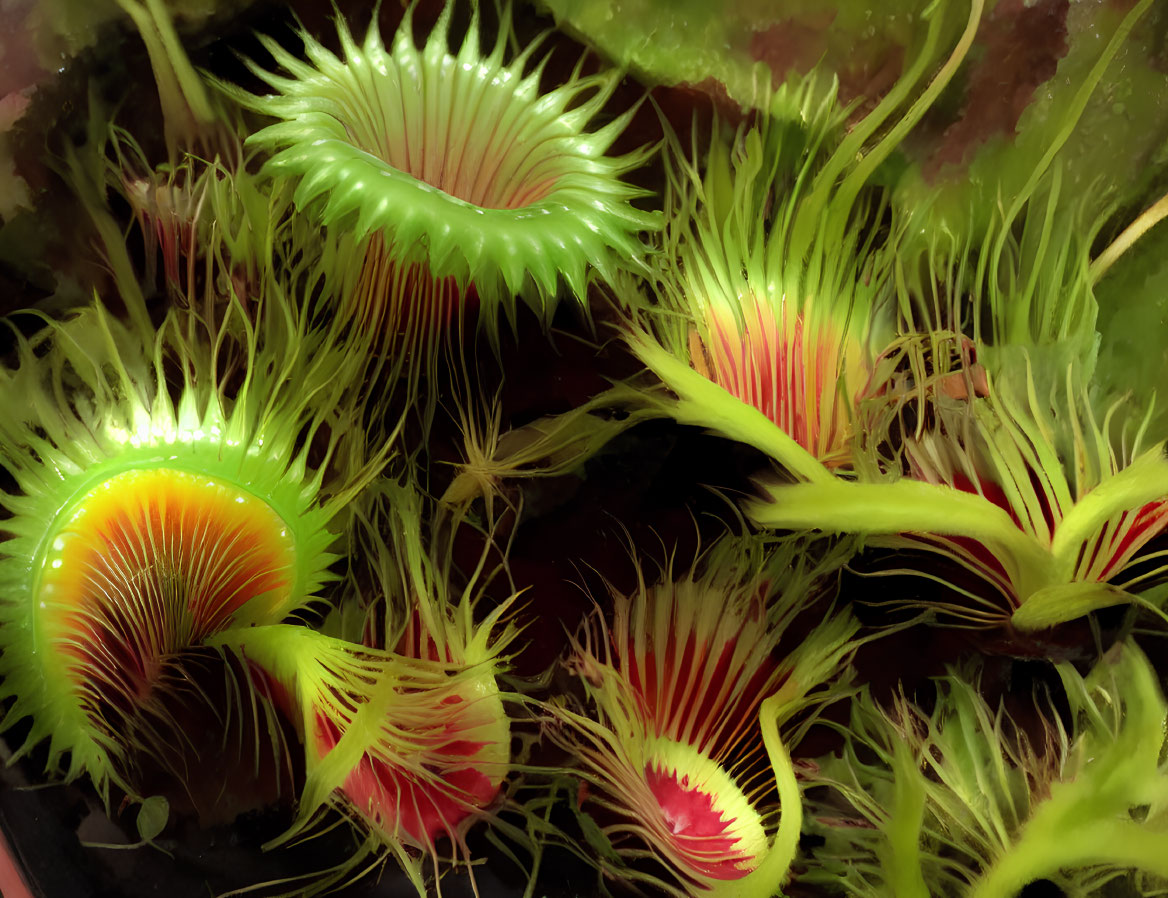 Colorful Venus Flytraps with Sharp Edges on Dark Background