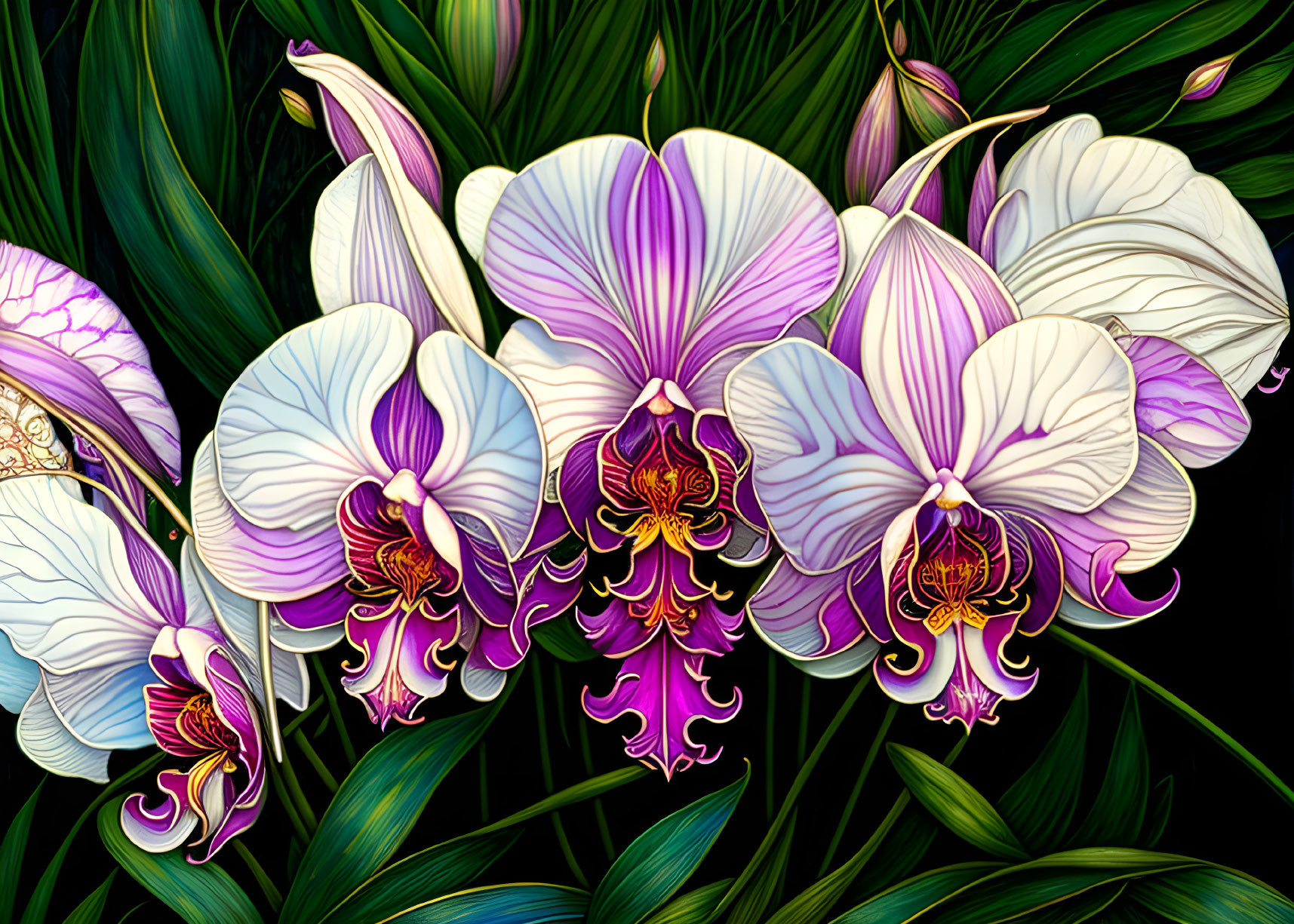 Detailed digital artwork of purple and white orchids on dark green foliage