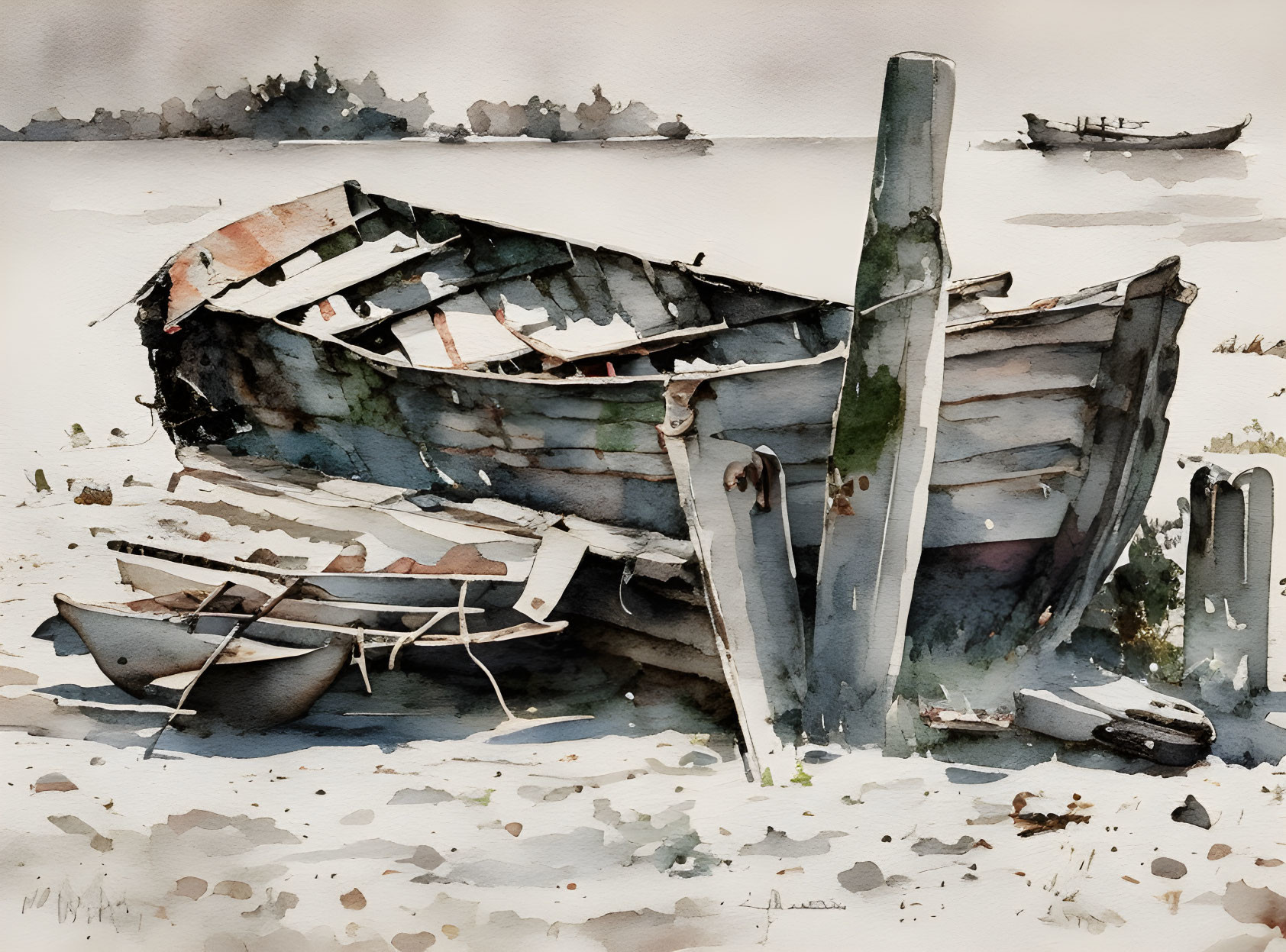 Weathered wooden boat on shore with peeling paint in watercolor style