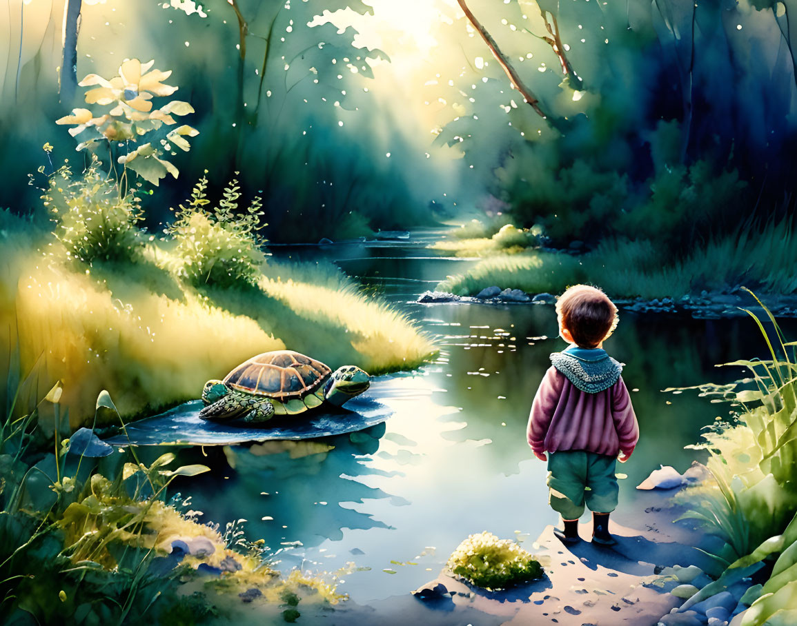 Child observing turtle in serene stream with lush greenery & sunbeams.