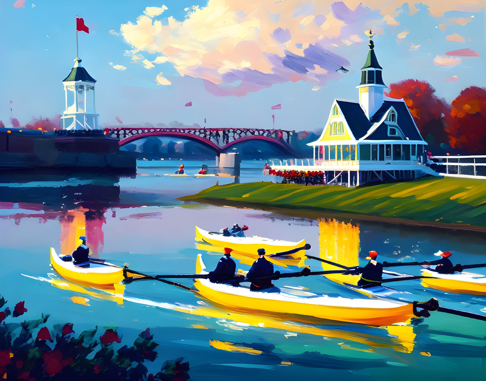 Colorful painting of rowers in yellow boats on a river with white building and red bridge.