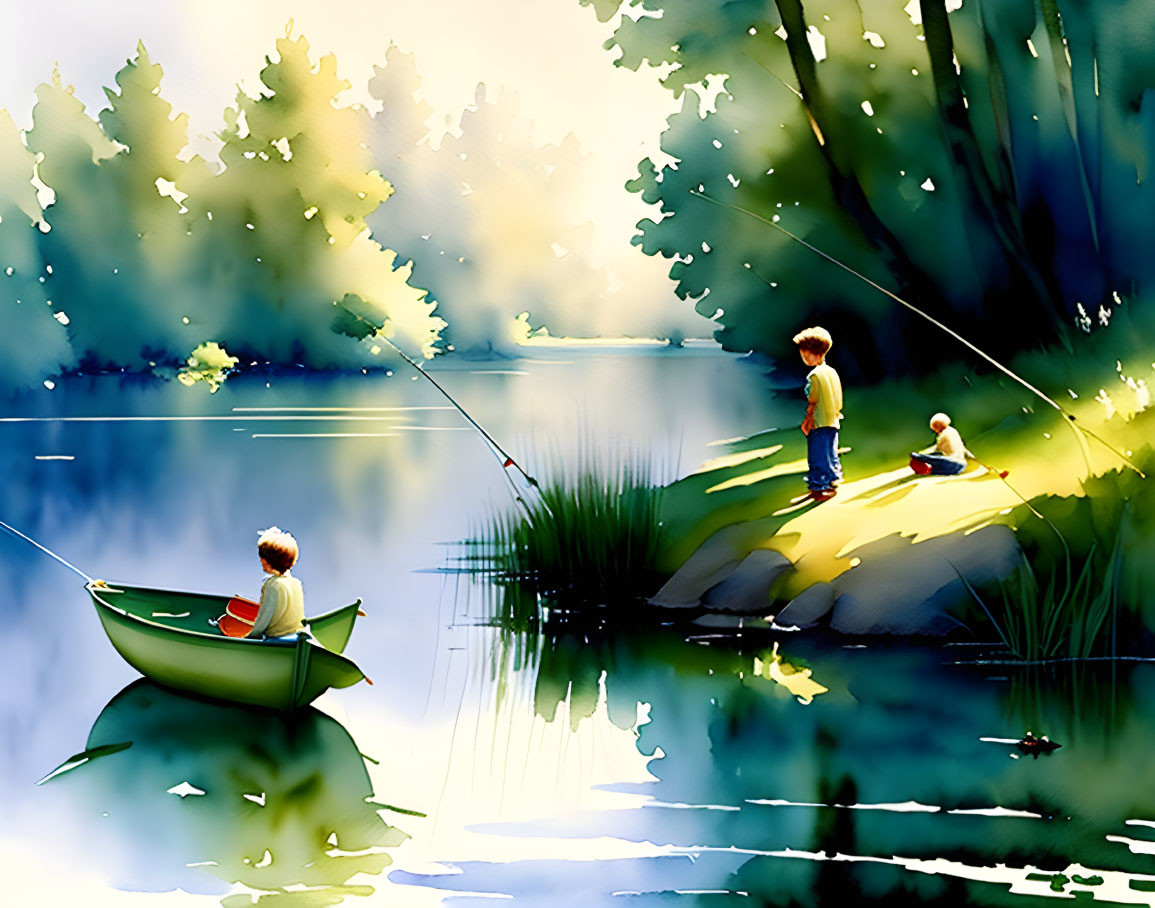 Three children by serene lake: one fishing in boat, two on shore under canopy of trees with sunlight