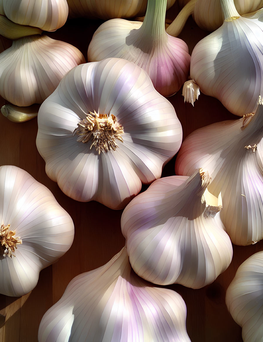 Fresh garlic bulbs with cloves in natural light on wooden surface