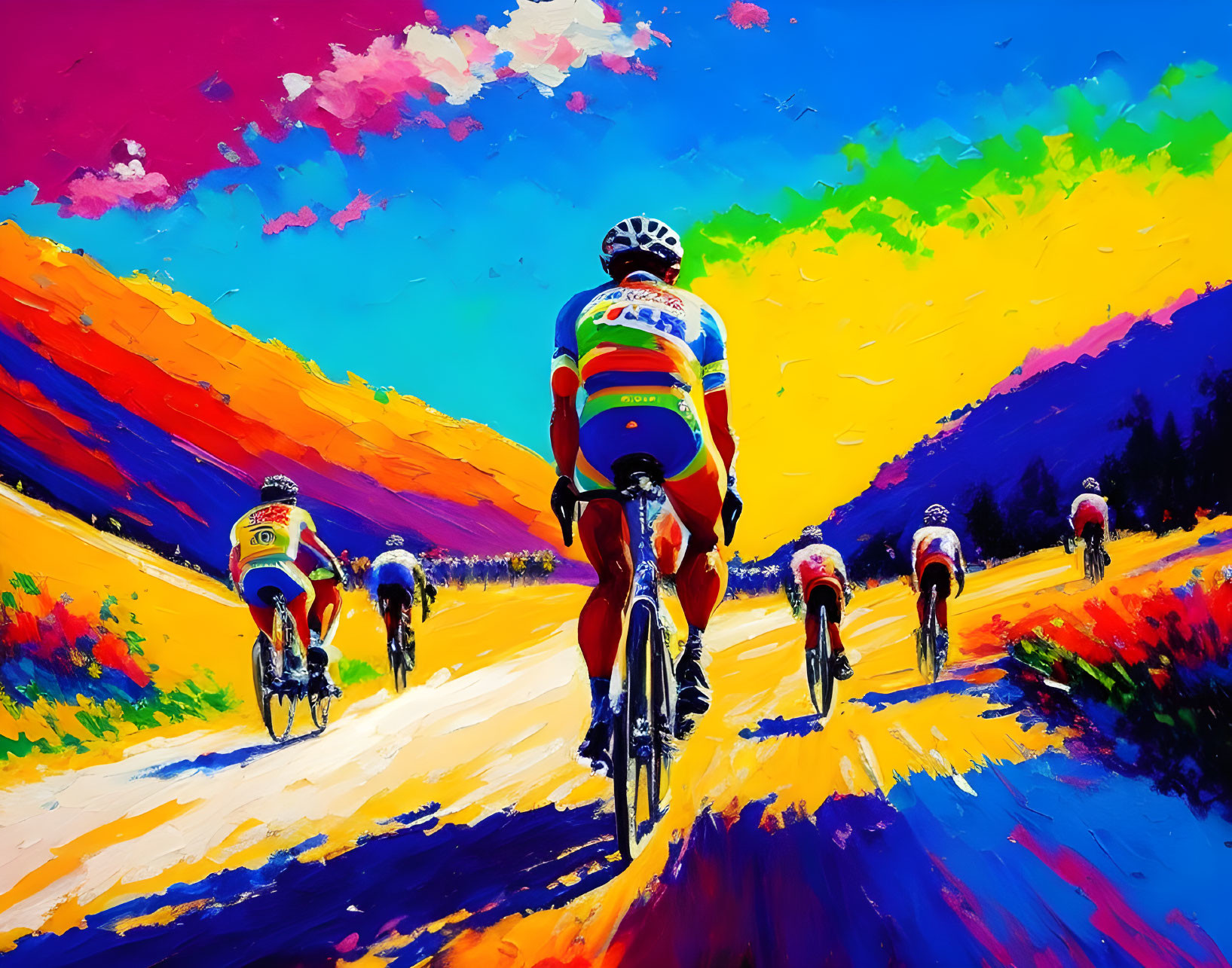 Colorful Cyclists Racing on Mountain Road with Expressive Brushstrokes