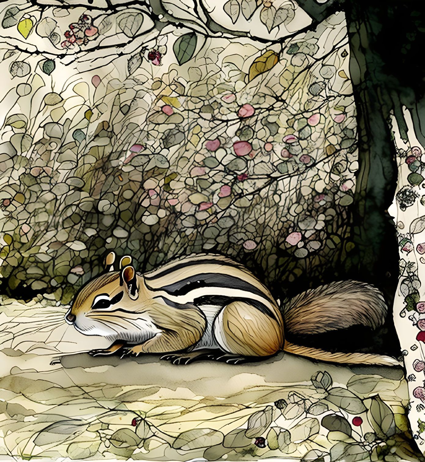 Exaggerated chipmunk illustration in lush foliage and pink flowers