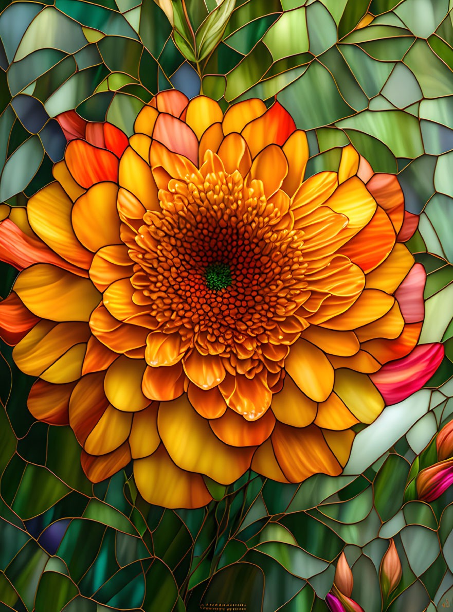 Detailed digital illustration of orange flower against stained glass-style background