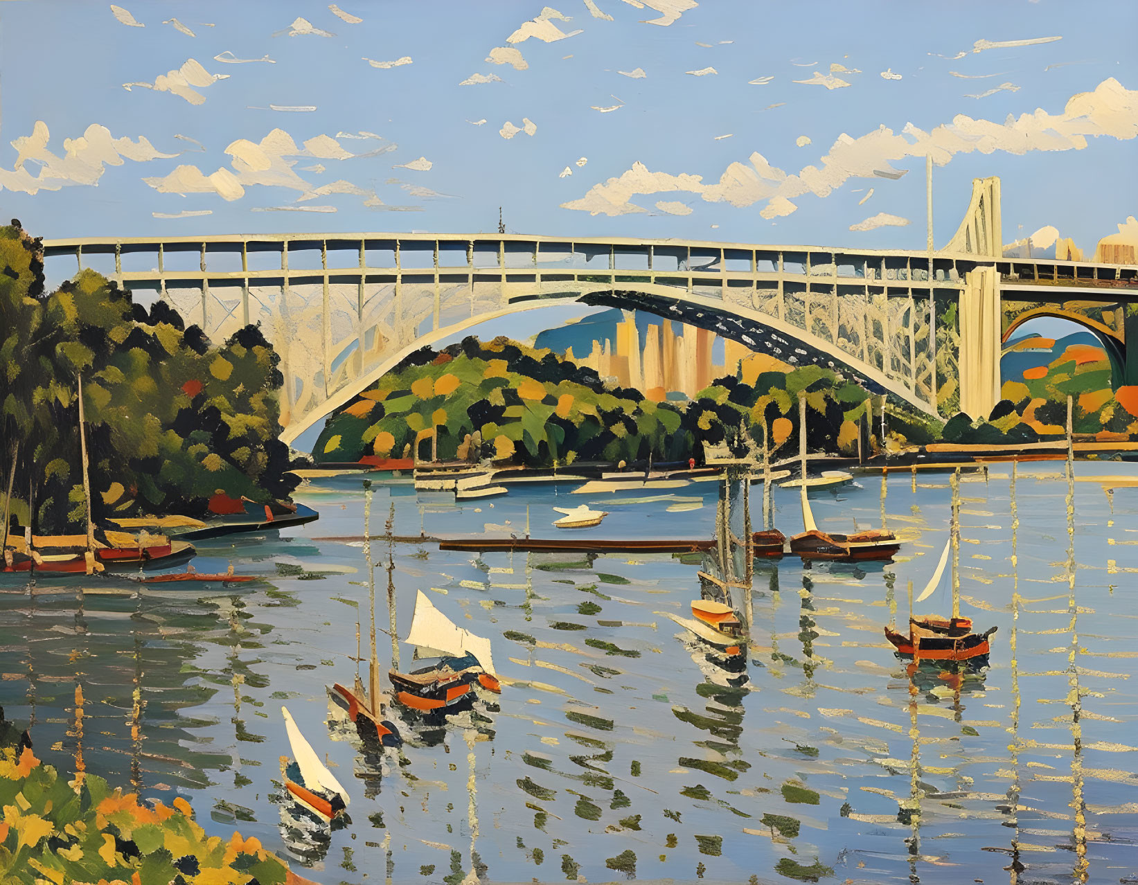 Scenic bridge over river with boats, lush trees, and clear sky