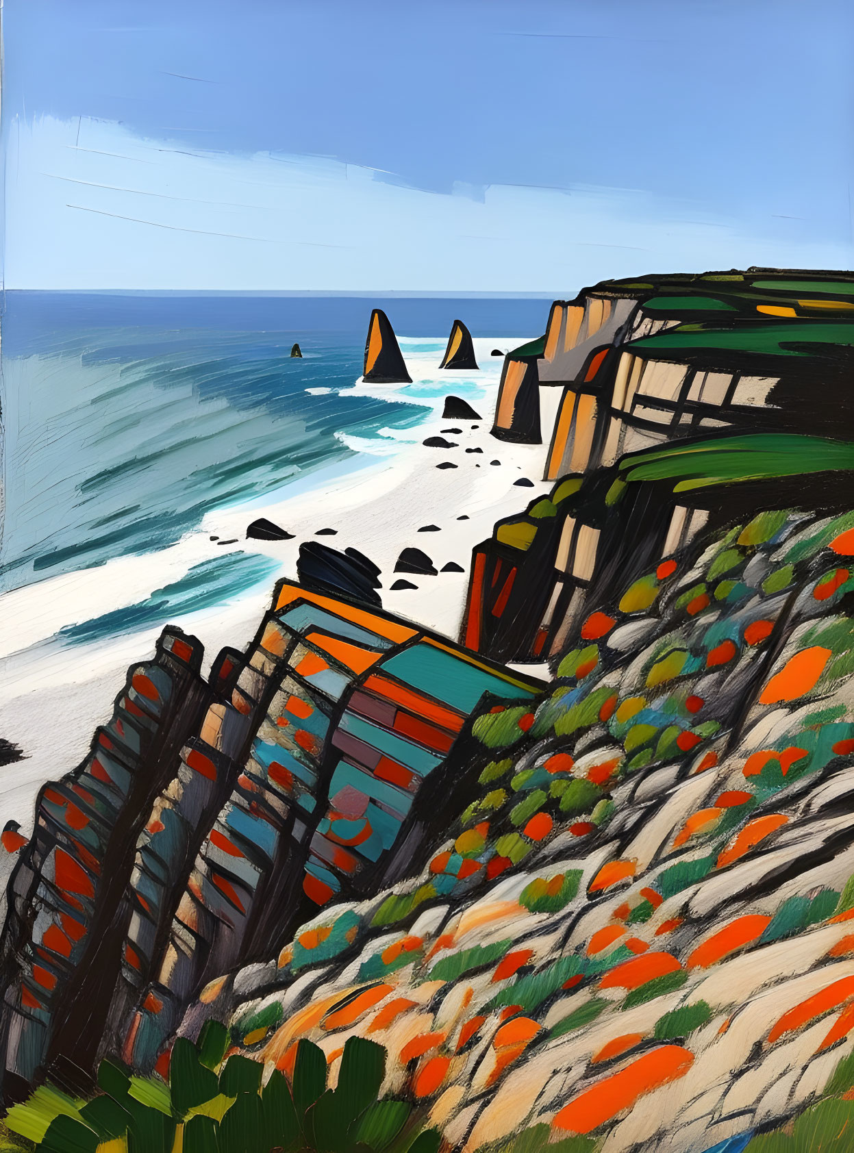 Colorful expressionist coastal painting with rocky cliffs, sandy beach, azure waves, orange flora.