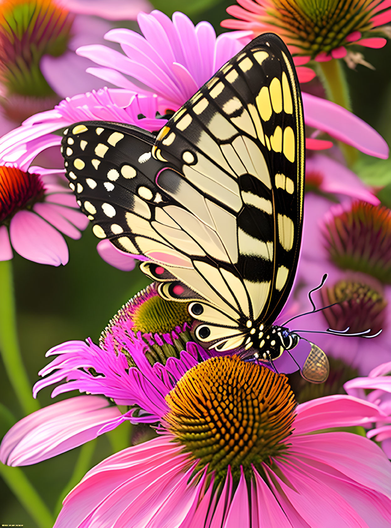 Colorful Butterfly Resting on Pink Coneflower with Orange Center