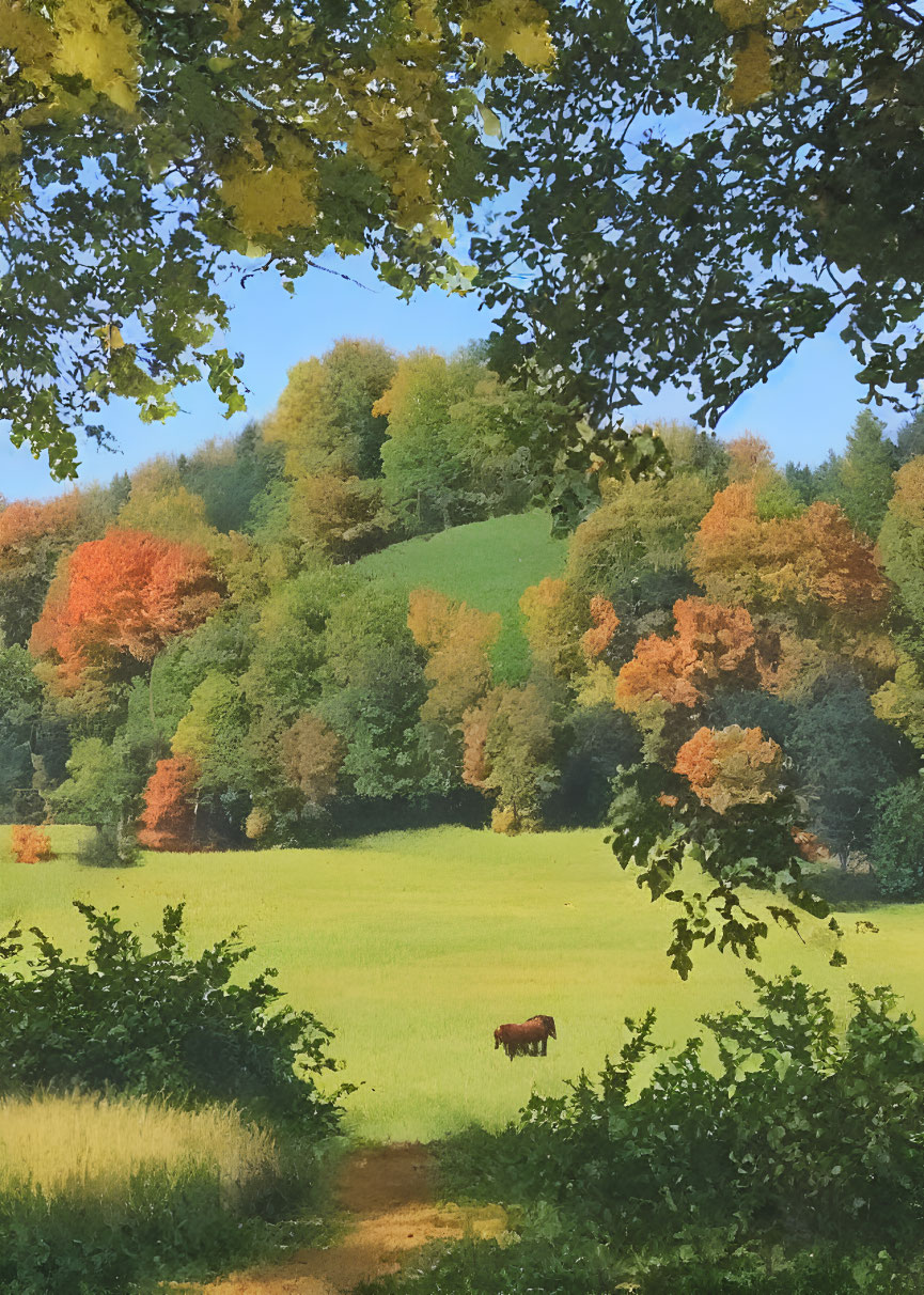 Autumn landscape: Cow grazing in tranquil pasture with colorful trees under clear sky