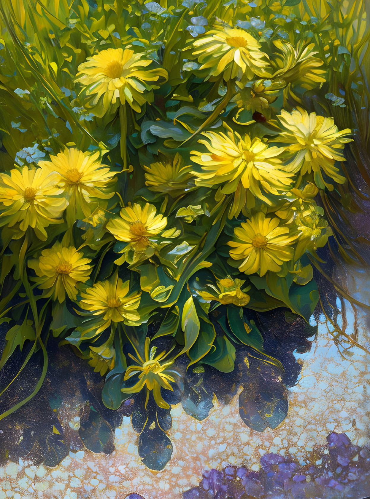 Colorful painting of yellow flowers with blue and purple accents in soft sunlight