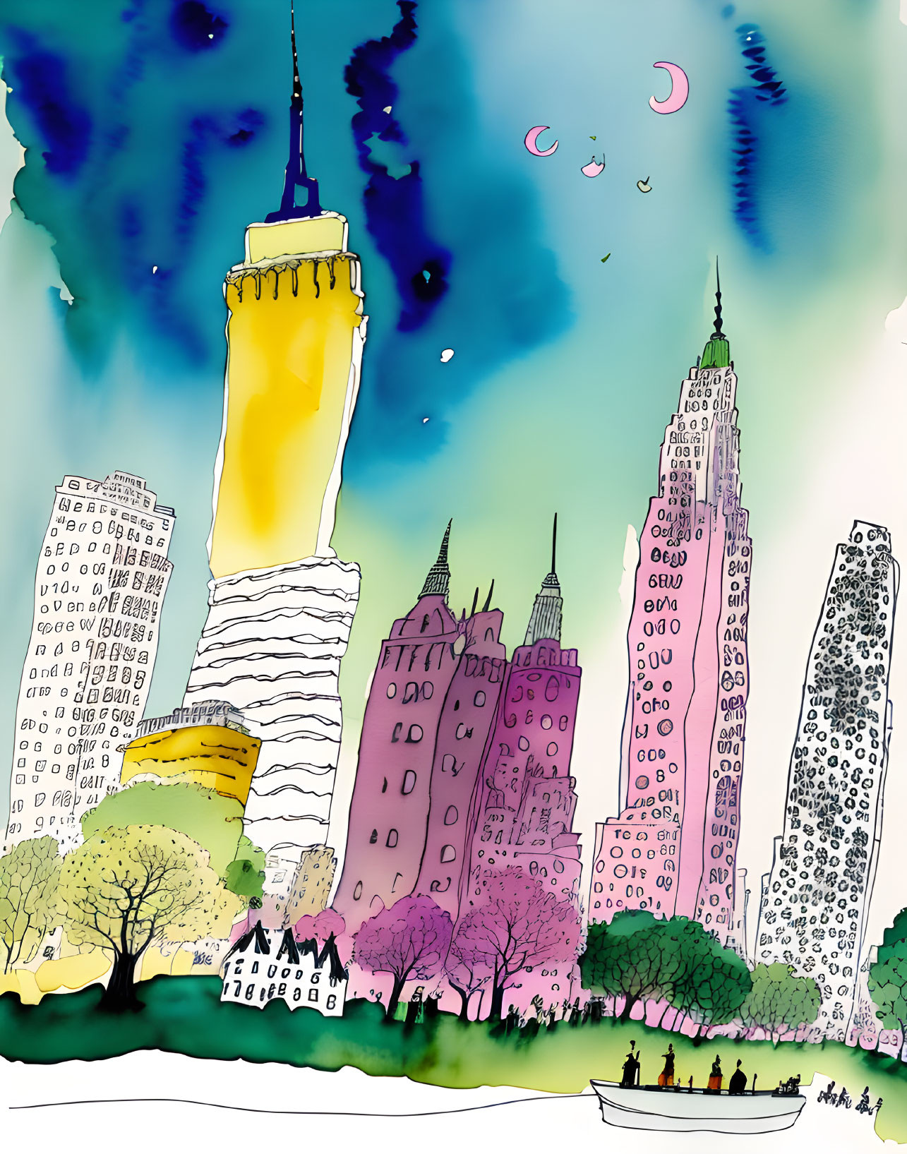 Colorful cityscape watercolor illustration with skyscrapers, trees, boat, and crescent moons