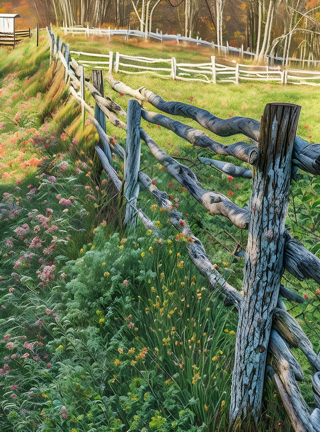 Vibrant meadow with rustic wooden fence & wildflowers