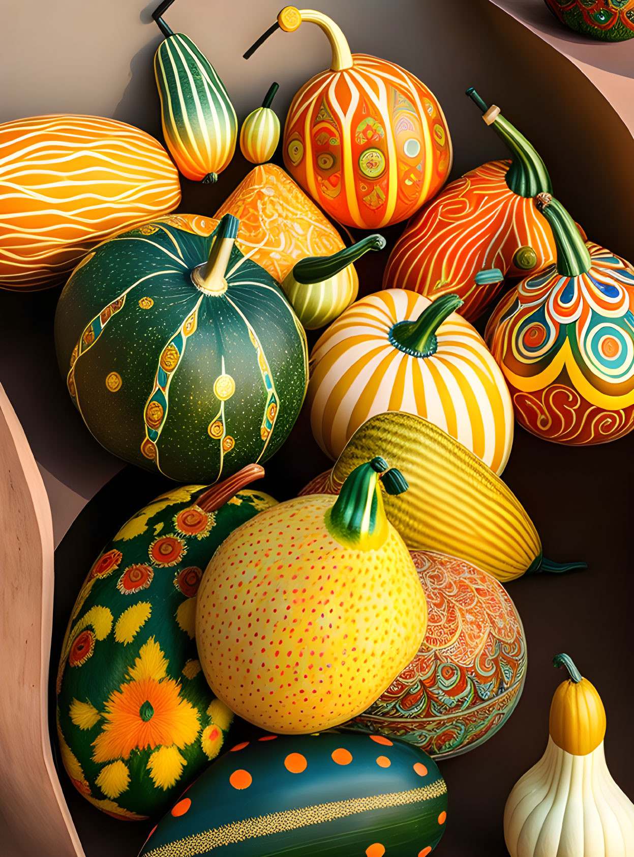 Vibrant decorative gourds with intricate patterns on shelves