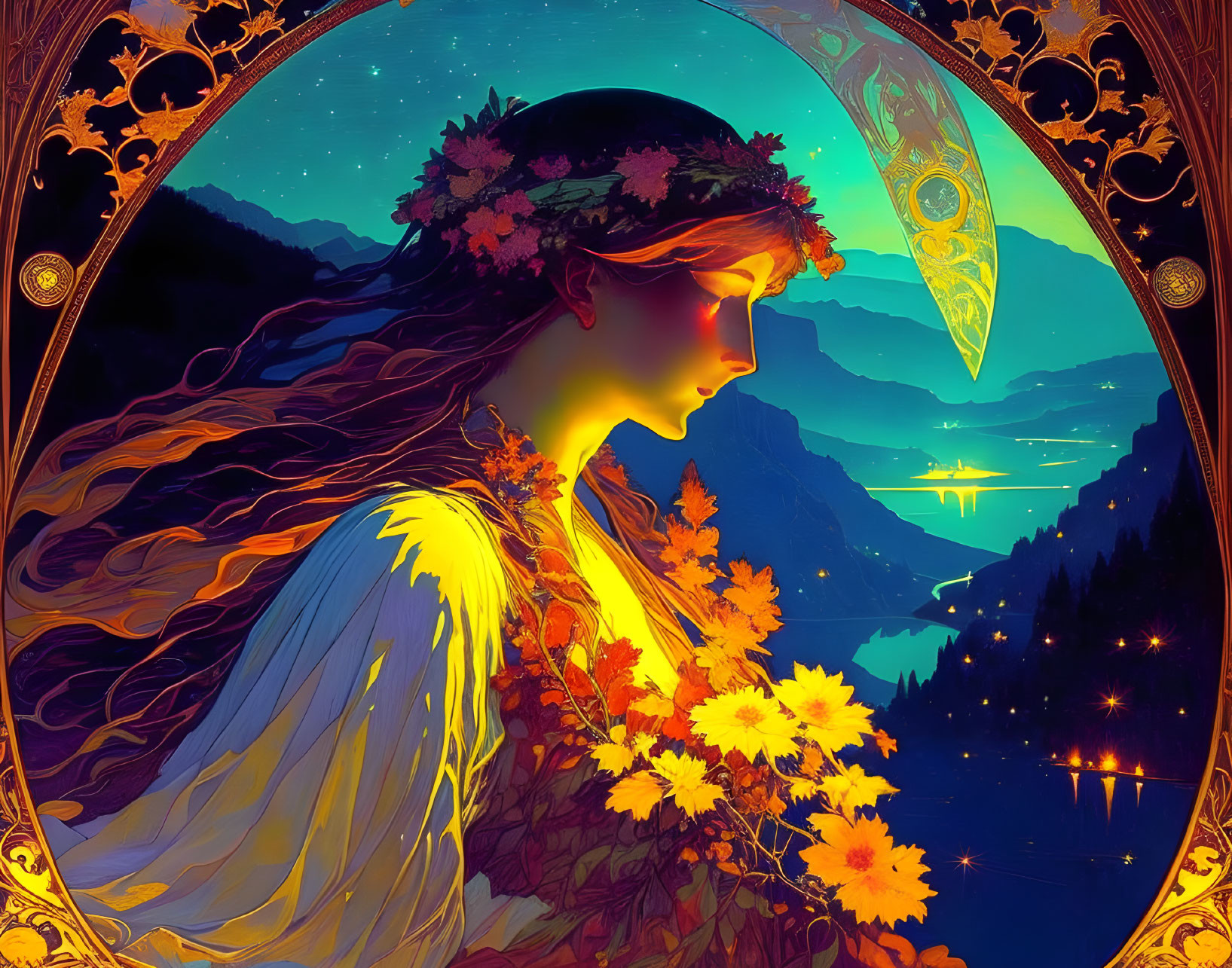 Woman with Flower Crown Gazing at Twilight Mountain Landscape in Ornate Frame