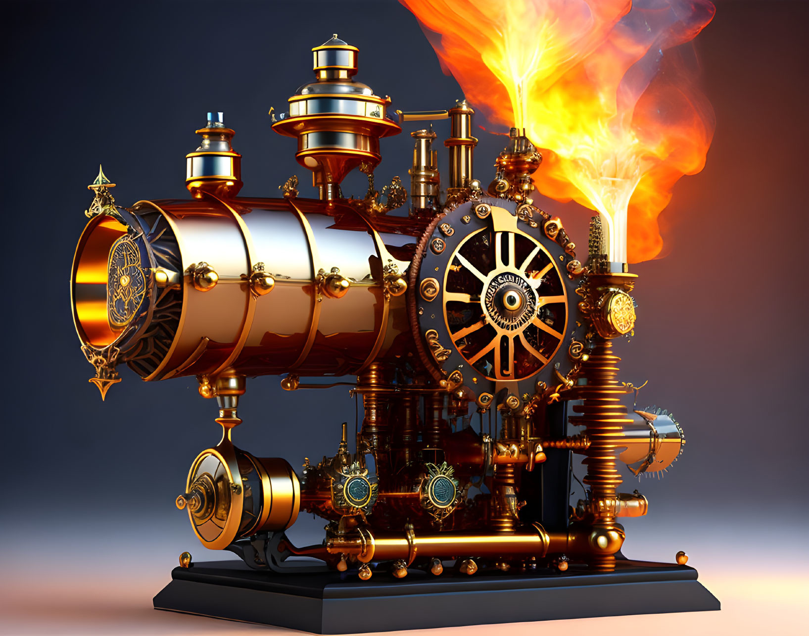 Steampunk-style machine with brass components and fiery blaze