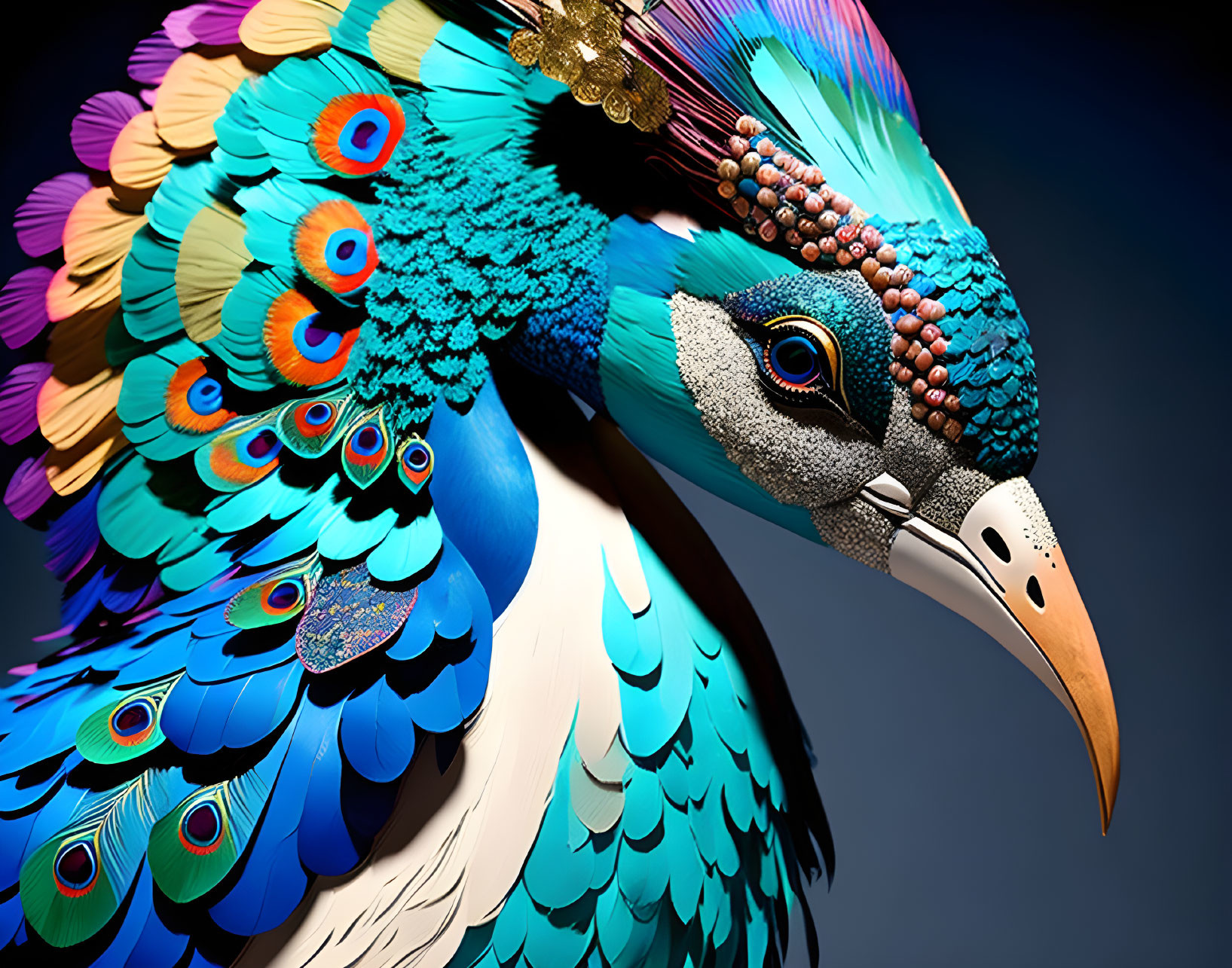 Close-up of vibrant peacock with blue and green plumage and eye-spot pattern