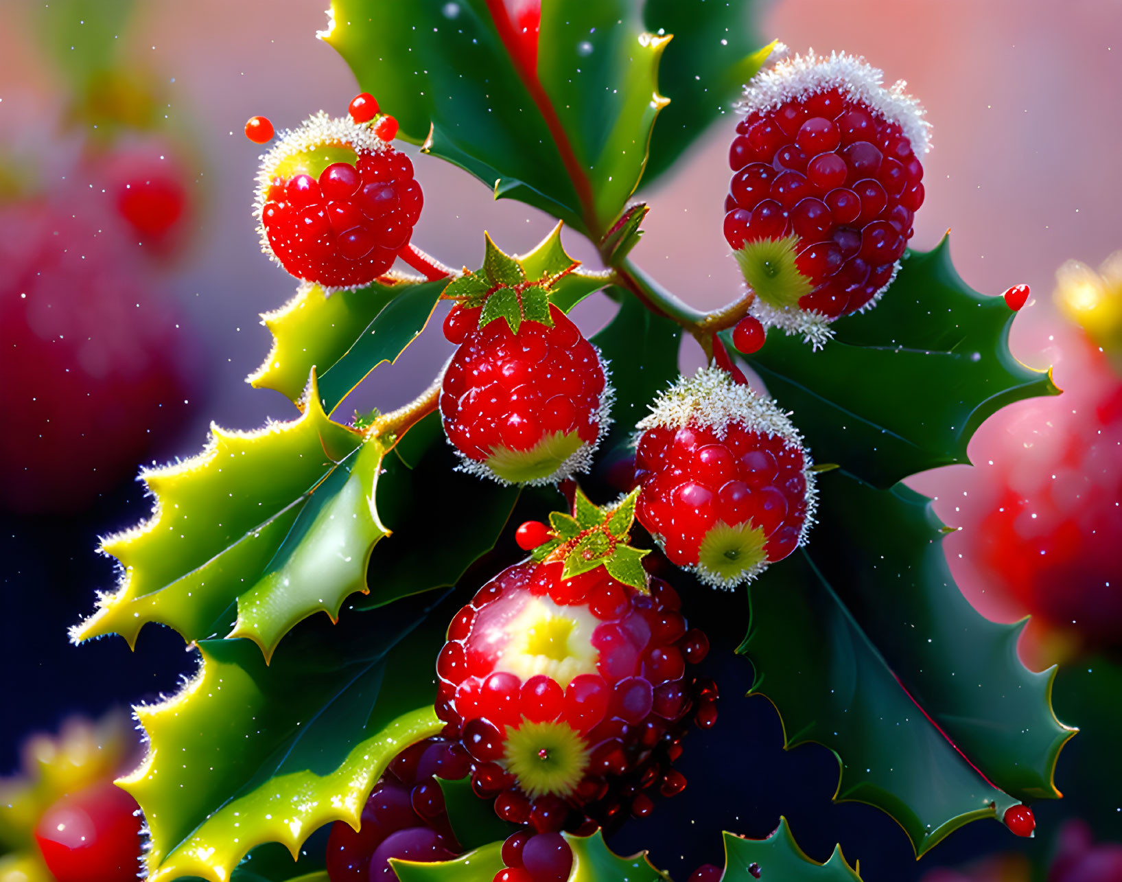 Bright Holly Berries and Dewdrops on Glossy Green Leaves