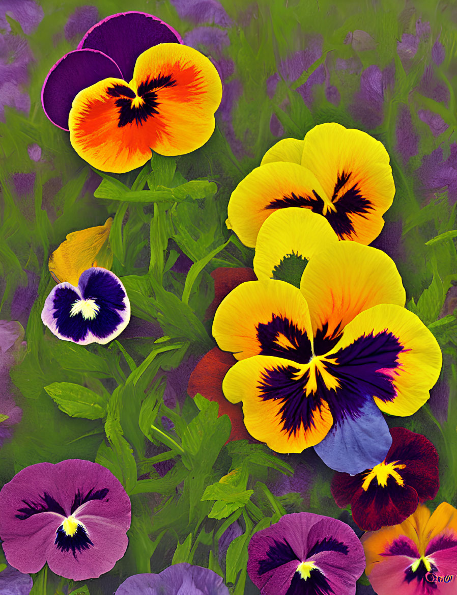 Vibrant pansies in purple, yellow, and orange hues on green backdrop