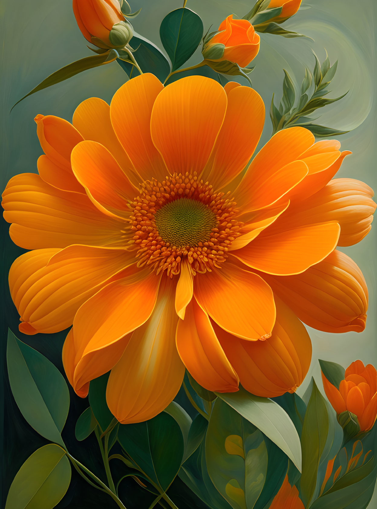 Detailed Orange Flower with Broad Petals and Central Disk on Green Background