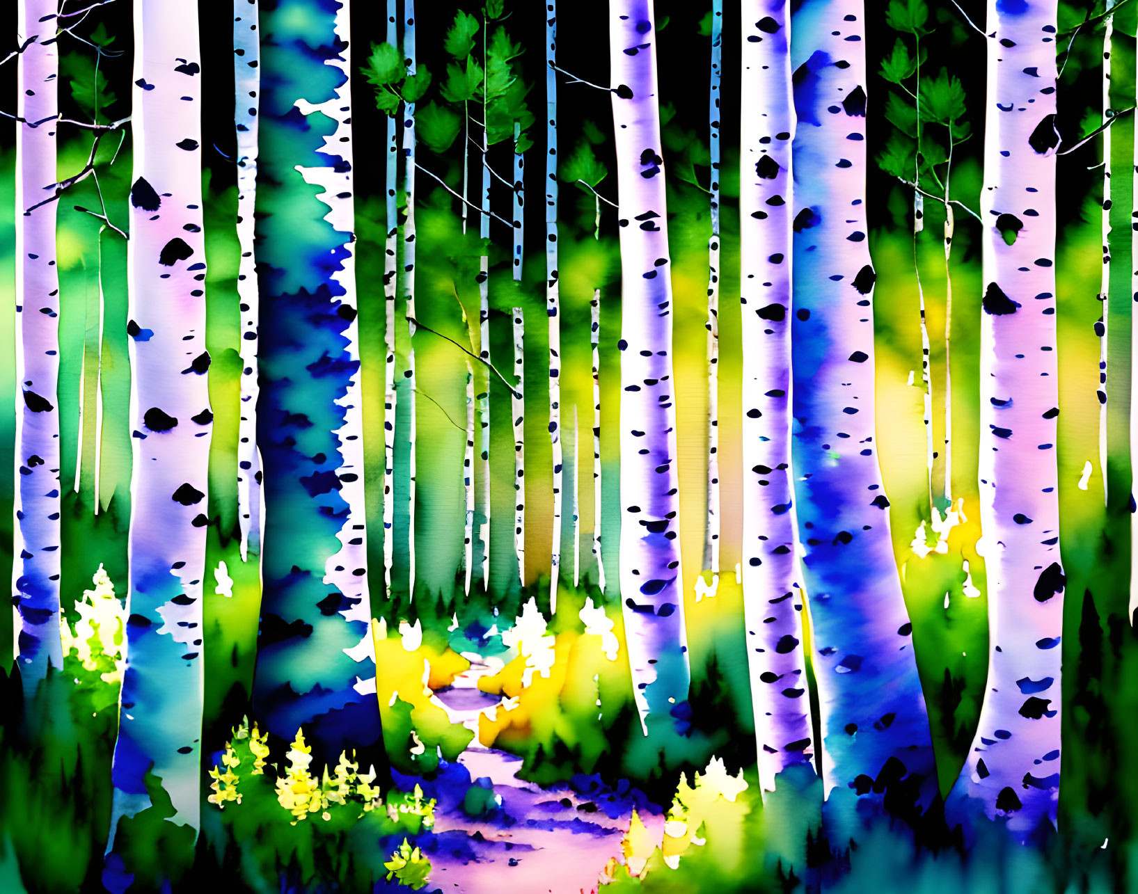 Colorful digital painting of birch trees in a fantasy forest with purple, blue, and green hues