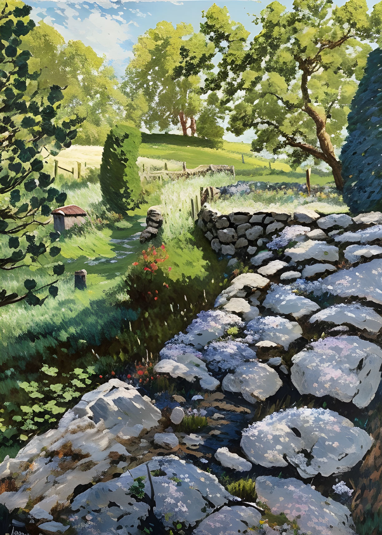 Tranquil countryside landscape with stone bridge, stream, trees, meandering path, and vibrant flora