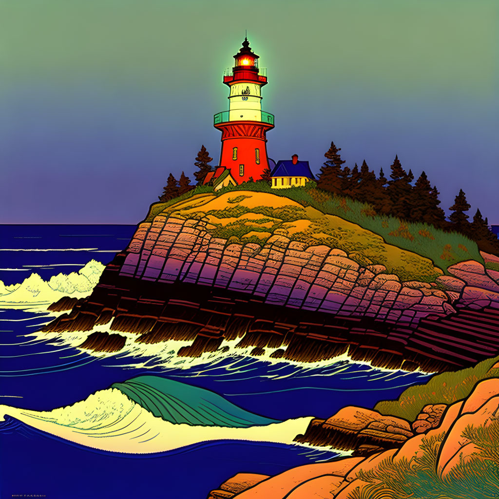 Red and White Lighthouse on Cliff Overlooking Twilight Sea