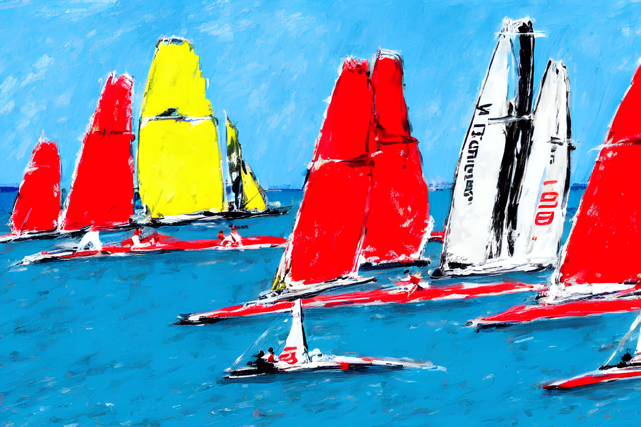 Vibrant expressionist painting of colorful sailboats on blue water