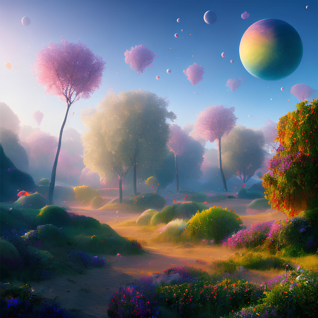 Vibrant landscape with trees, flowers, and large planet in the sky