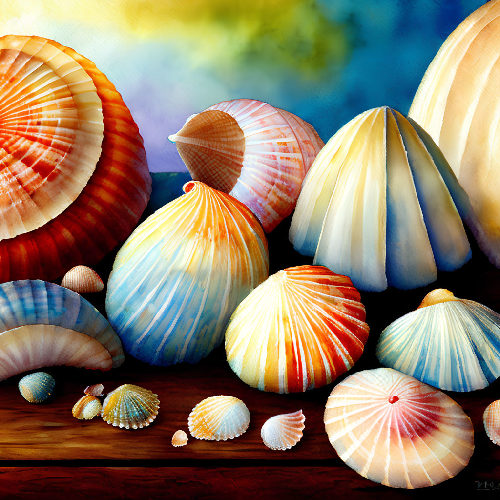 Vibrant seashell painting on wooden surface with intricate patterns.