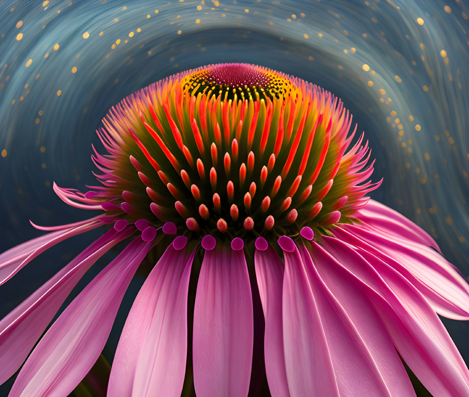 Detailed Pink Coneflower Illustration on Vibrant Blue Background