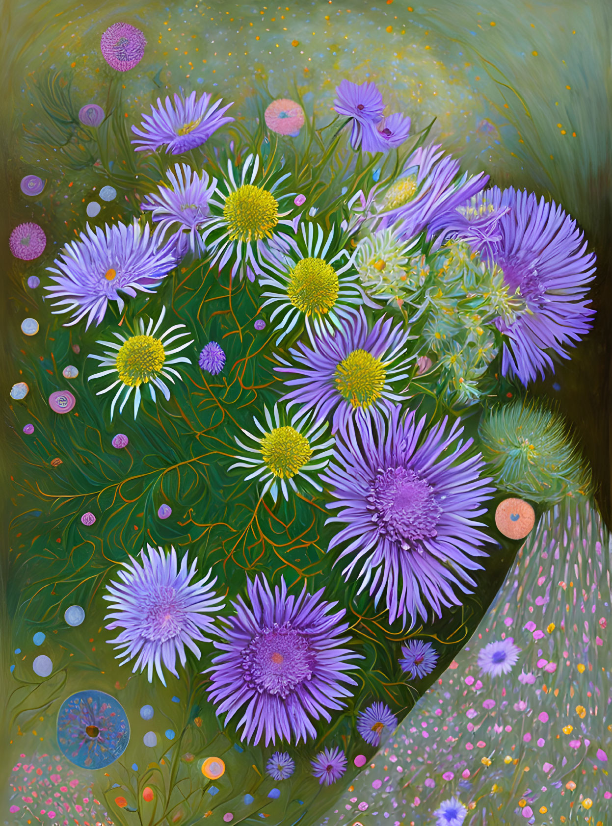 Colorful wildflower painting with purple petals, yellow centers, and green foliage on whimsical background