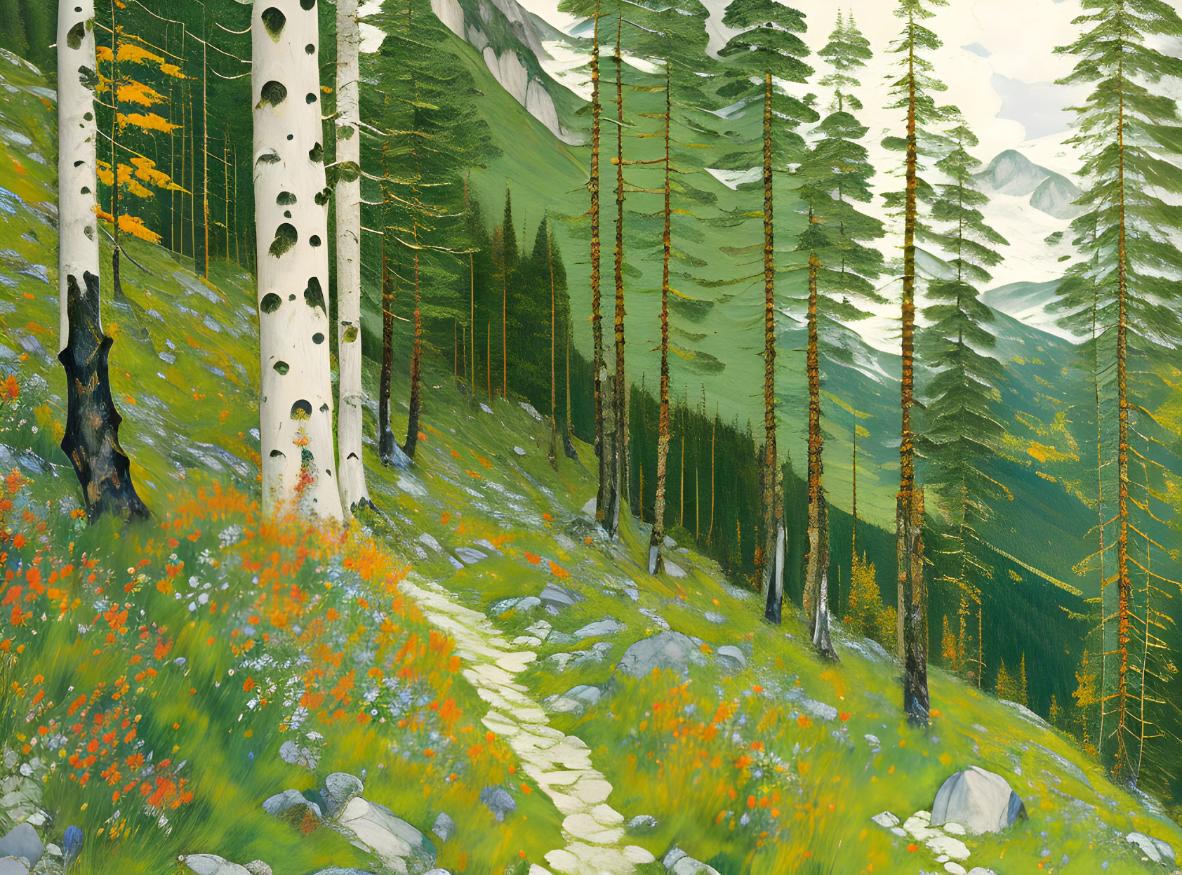 Colorful Forest Scene: Stone Path, Wildflowers, Pine Trees