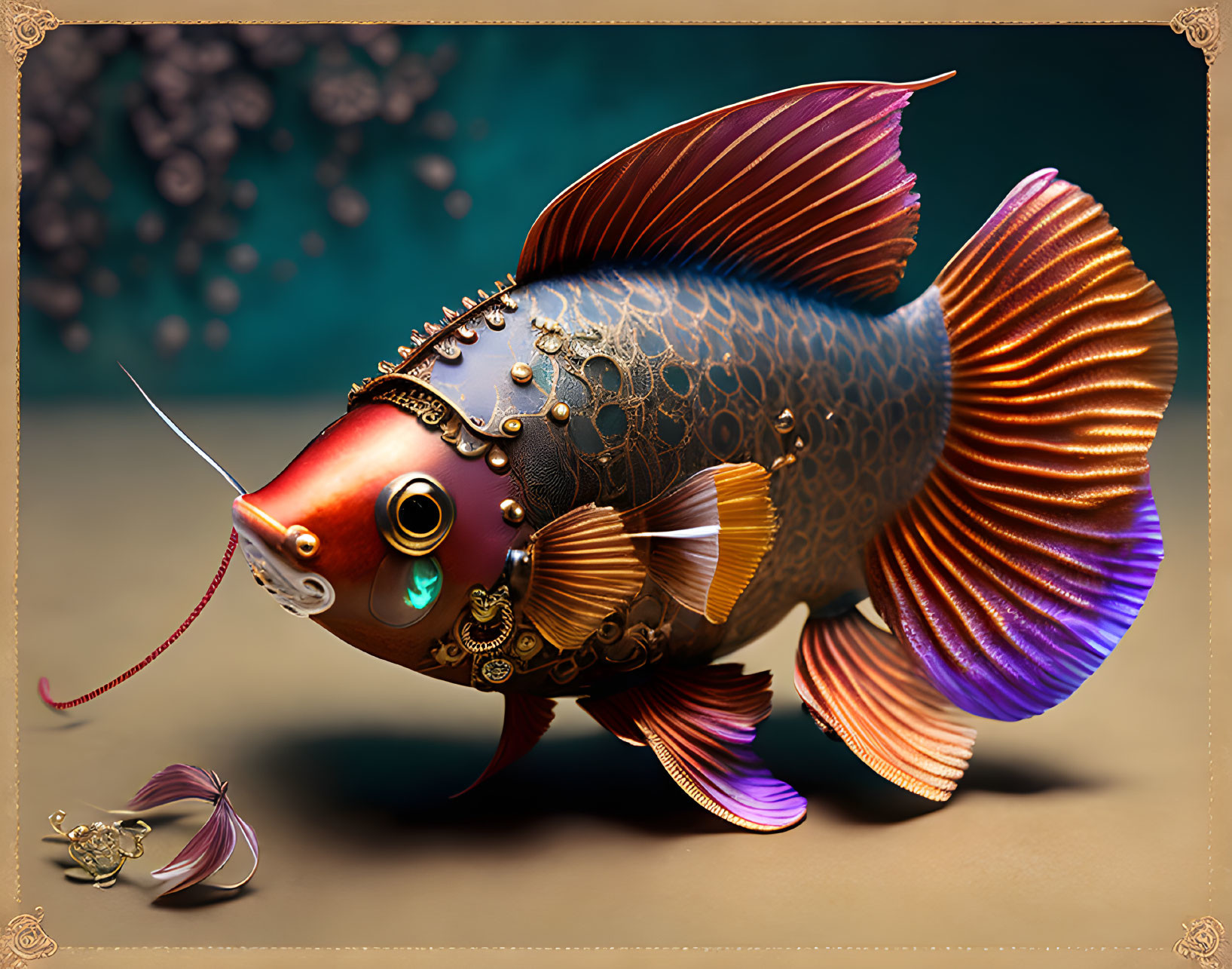 Colorful digital artwork featuring stylized fish with metallic scales, feather fins, and steampunk elements