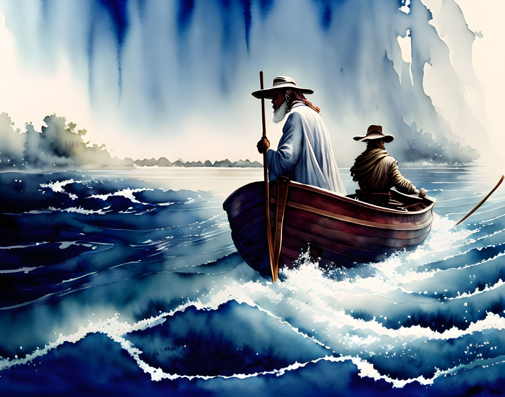 Ancient individuals in wooden boat on choppy waters with misty waterfall