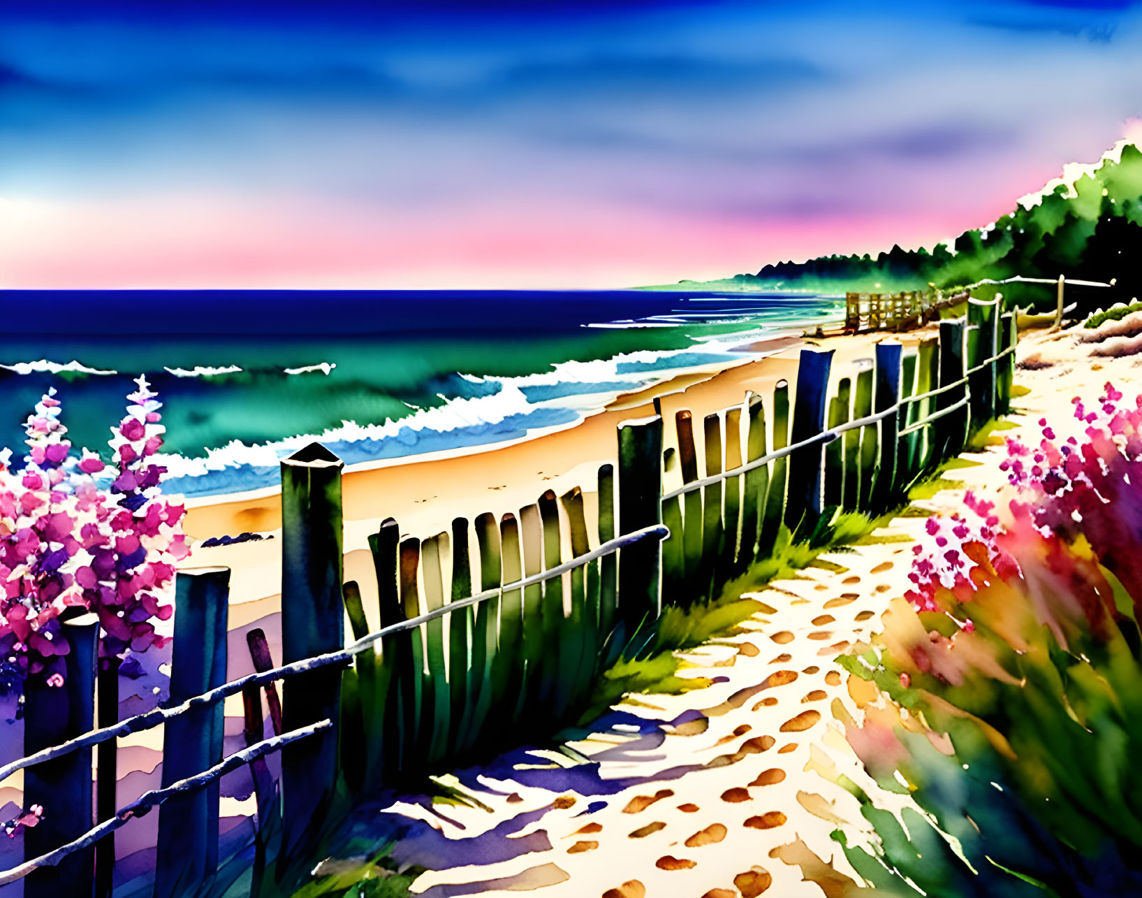 Colorful Dusk Beach Scene with Wooden Fence & Flowering Shrubs